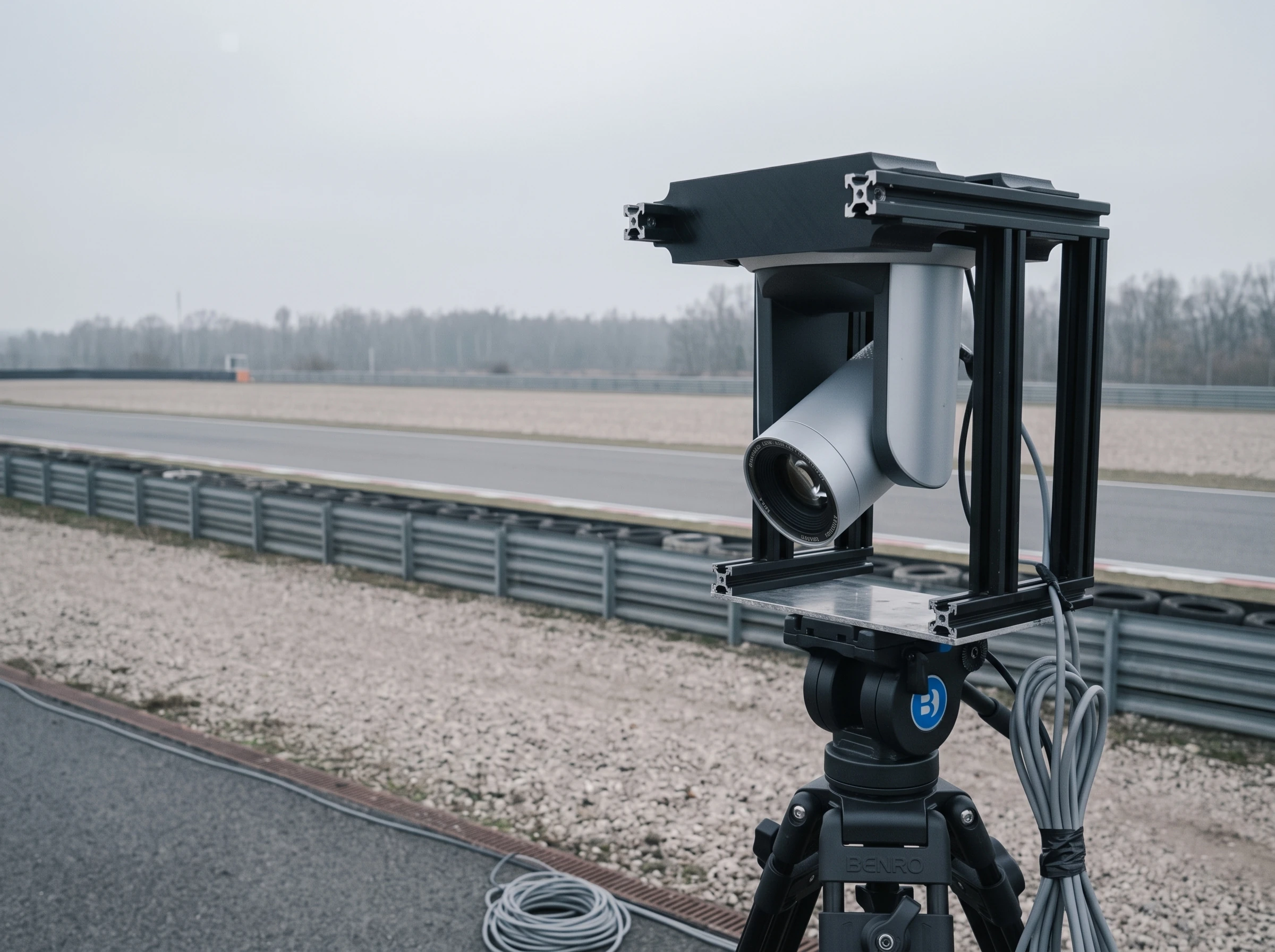 A remote camera in a custom extrusion cage on a tripod, trackside behind the barrier