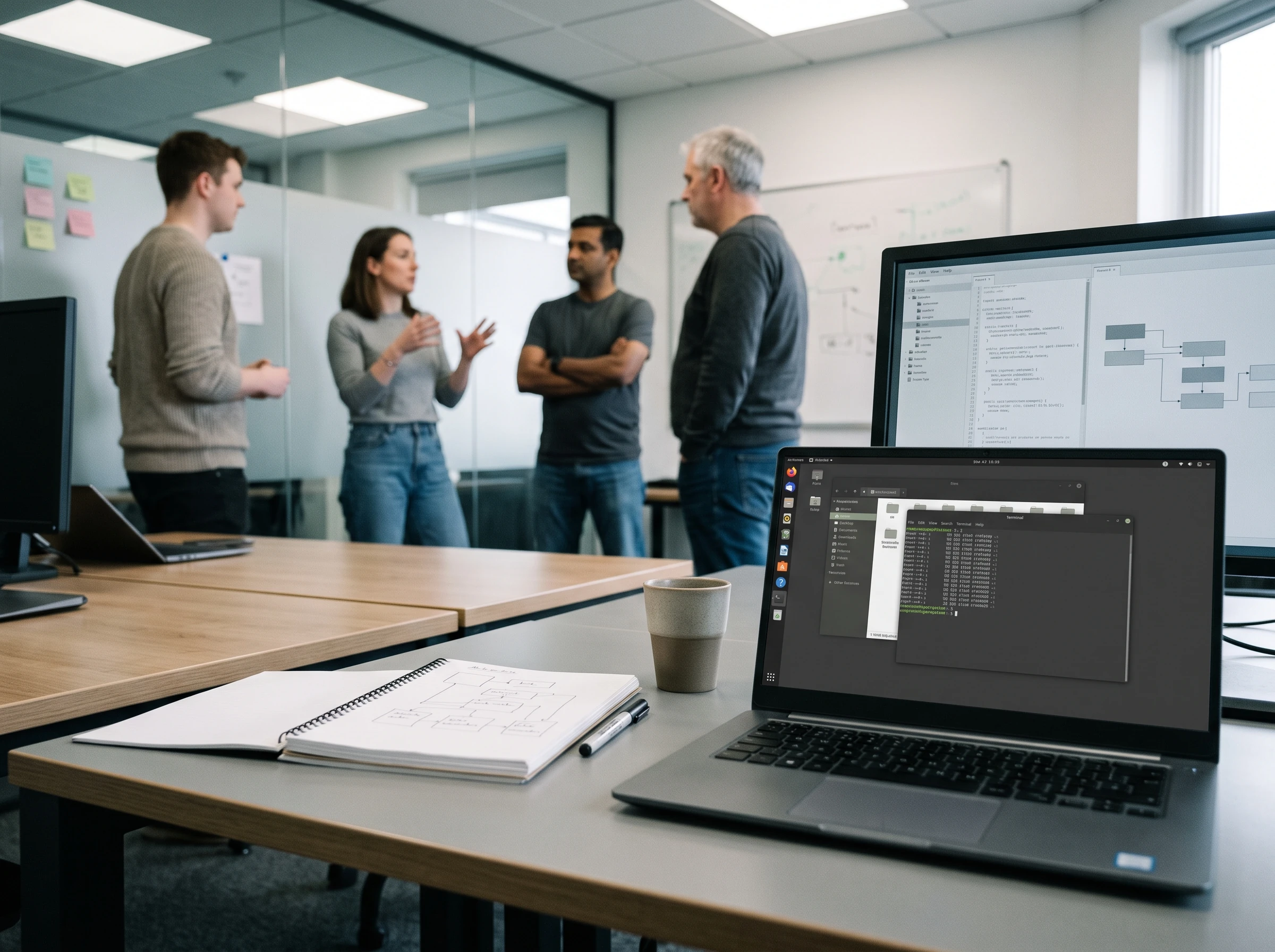 Four people talking beside a whiteboard, with an architecture diagram and code open on the desk