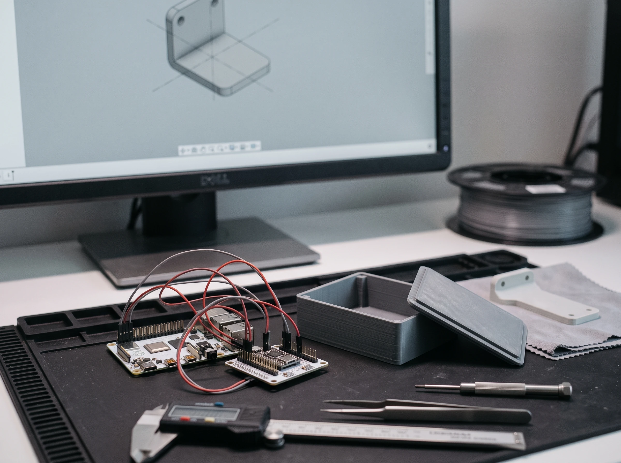 A printed enclosure, a wired board and calipers on a bench, the CAD model of a bracket on screen